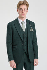 Terno masculino de 3 peças xadrez em tweed verde-oliva, corte sob medida, para casamento, estilo Peaky Blinders clássico.