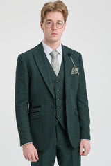 Terno masculino de 3 peças xadrez em tweed verde-oliva, corte sob medida, para casamento, estilo Peaky Blinders clássico.