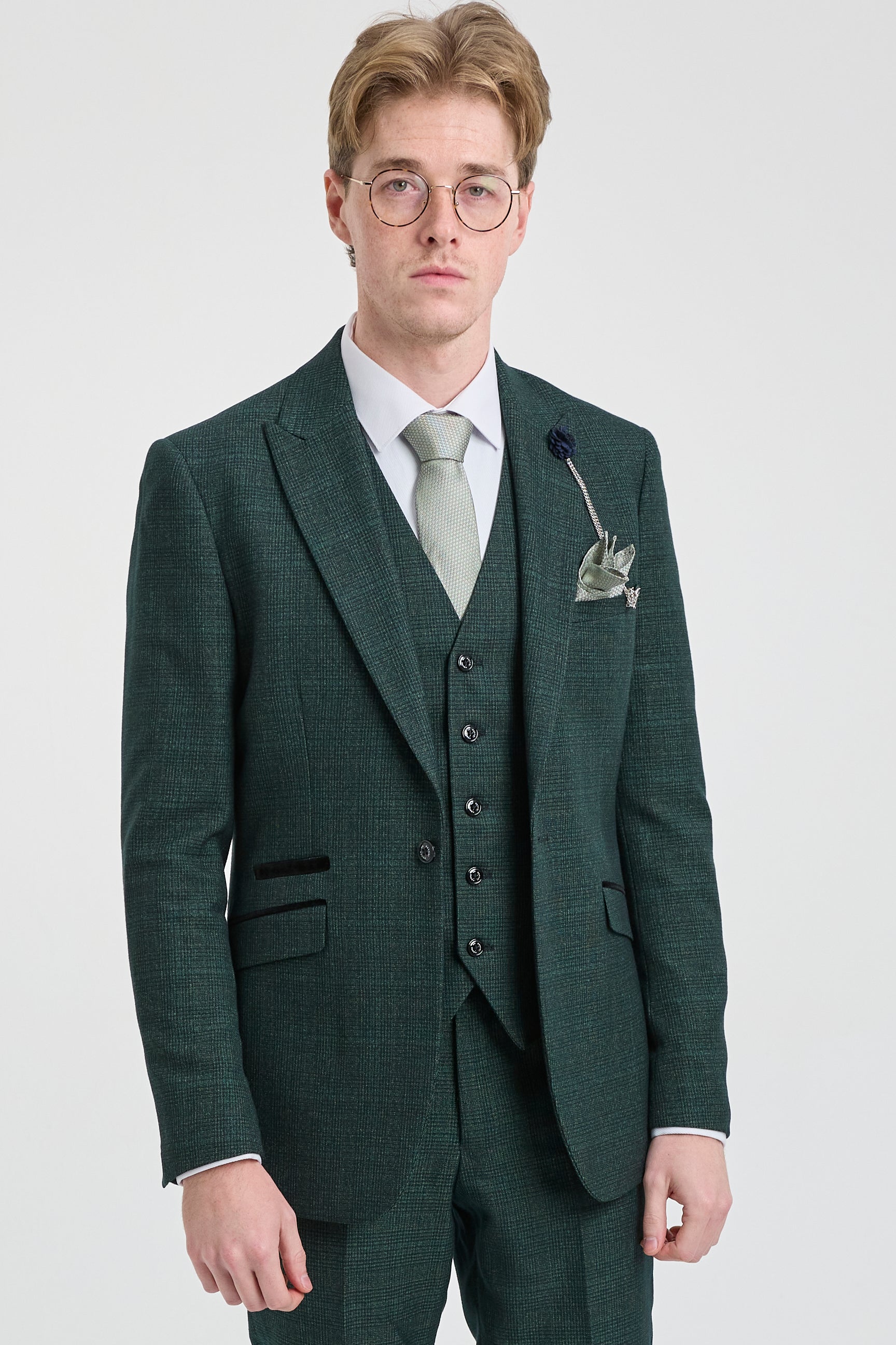 Terno masculino de 3 peças xadrez em tweed verde-oliva, corte sob medida, para casamento, estilo Peaky Blinders clássico.