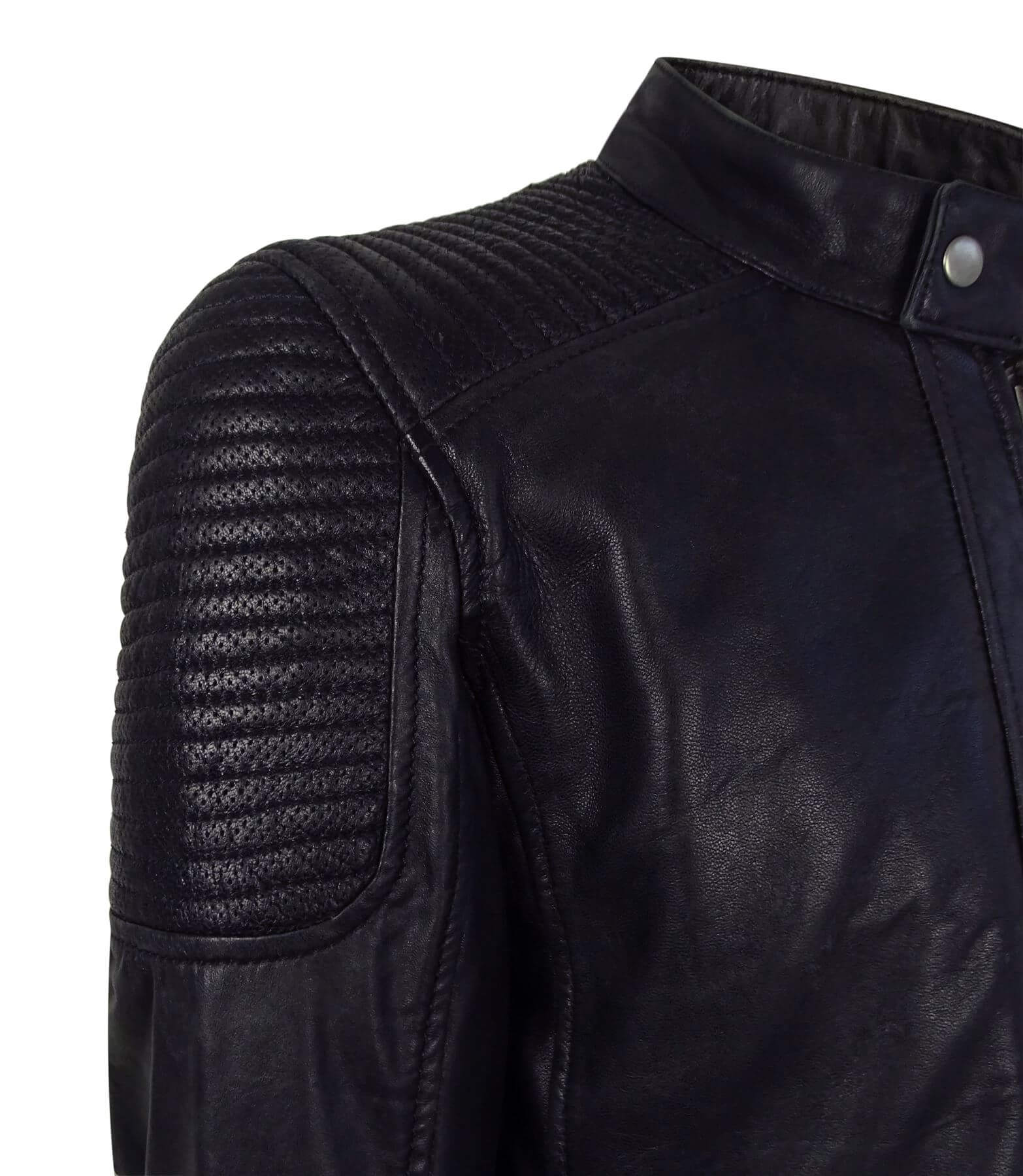 Jaqueta de couro legítimo azul-marinho estilo motociclista para homem