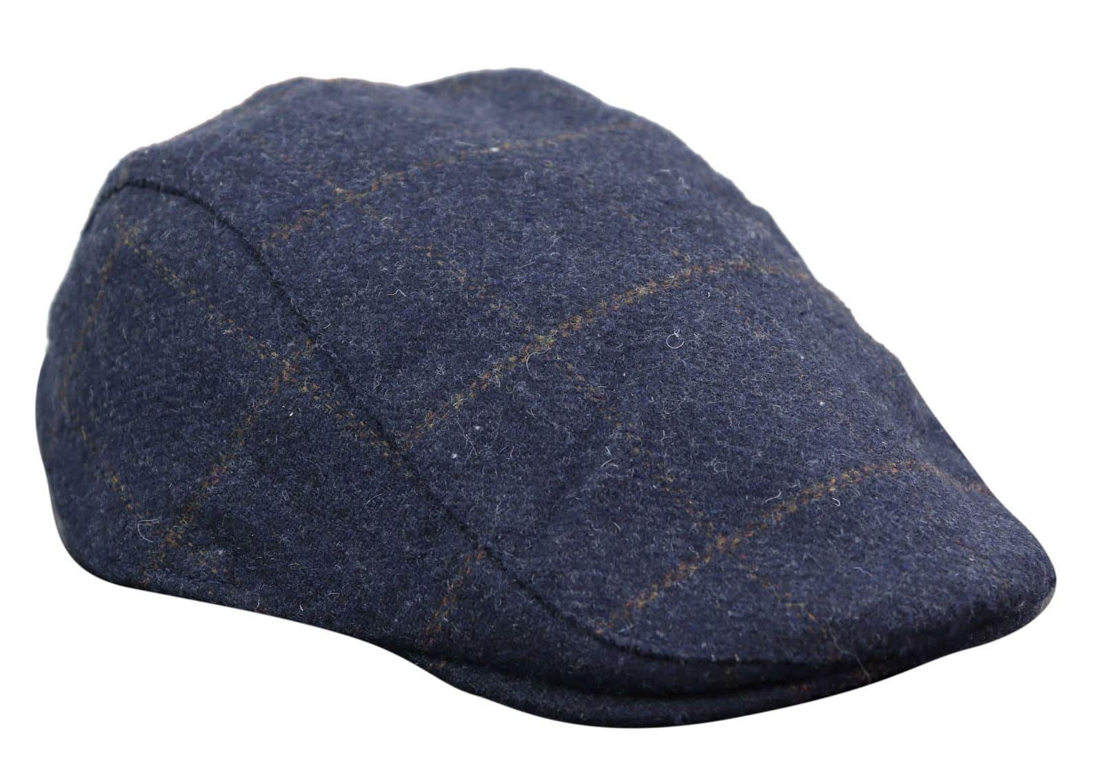 Boné Cavani Kempson Flat - Chapéu Vintage Masculino em Lã Tweed Xadrez - Verde Oliva/Azul Marinho