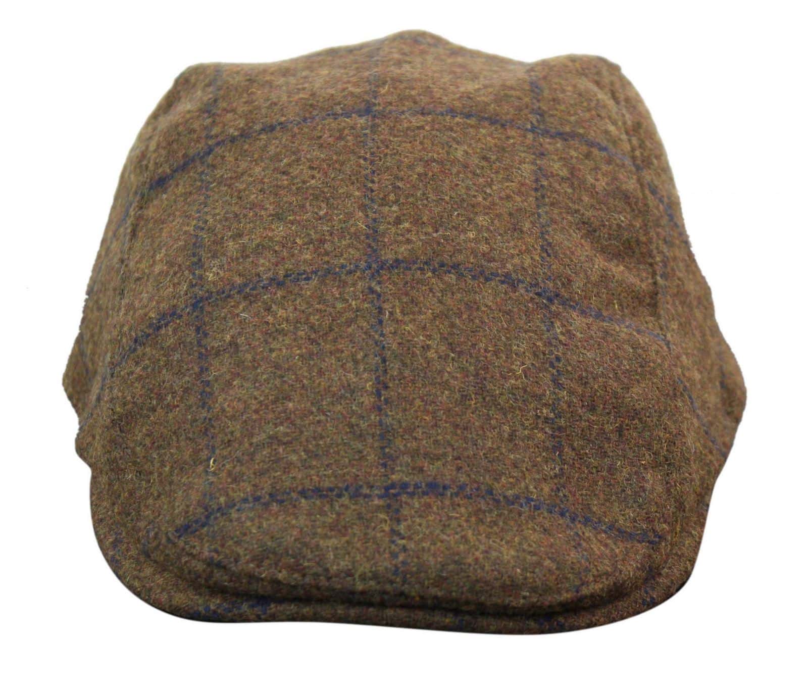 Boné Cavani Kempson Flat - Chapéu Vintage Masculino em Lã Tweed Xadrez - Verde Oliva/Azul Marinho