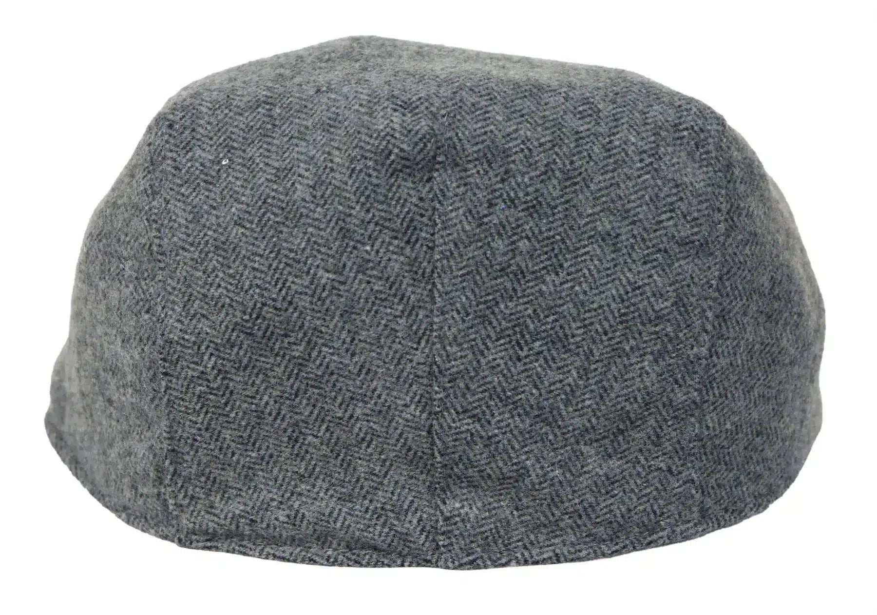 Boné masculino estilo boina, modelo Baker Boy, 8 painéis, em tweed espinha de peixe cinza vintage.