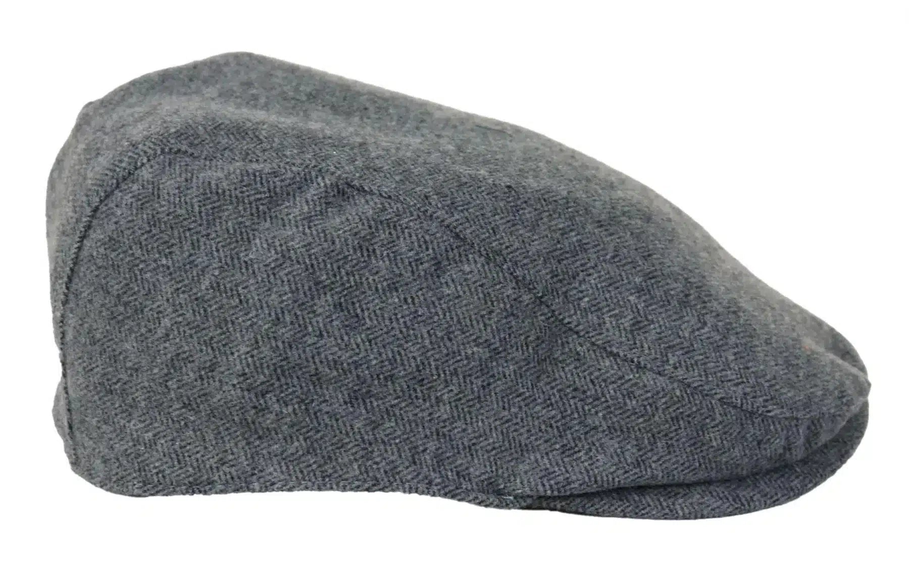 Boné masculino estilo boina, modelo Baker Boy, 8 painéis, em tweed espinha de peixe cinza vintage.