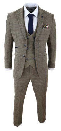 Cavani Ascari - Terno Masculino de 3 Peças em Tweed Marrom Carvalho com Estampa Xadrez