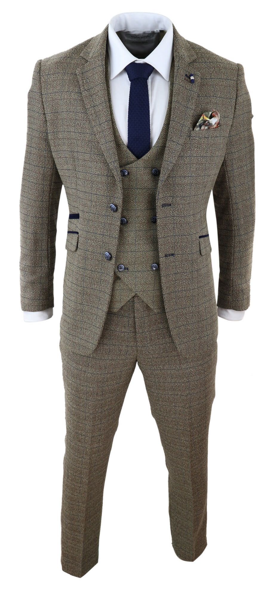 Cavani Ascari - Terno Masculino de 3 Peças em Tweed Marrom Carvalho com Estampa Xadrez