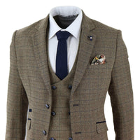 Cavani Ascari - Terno Masculino de 3 Peças em Tweed Marrom Carvalho com Estampa Xadrez