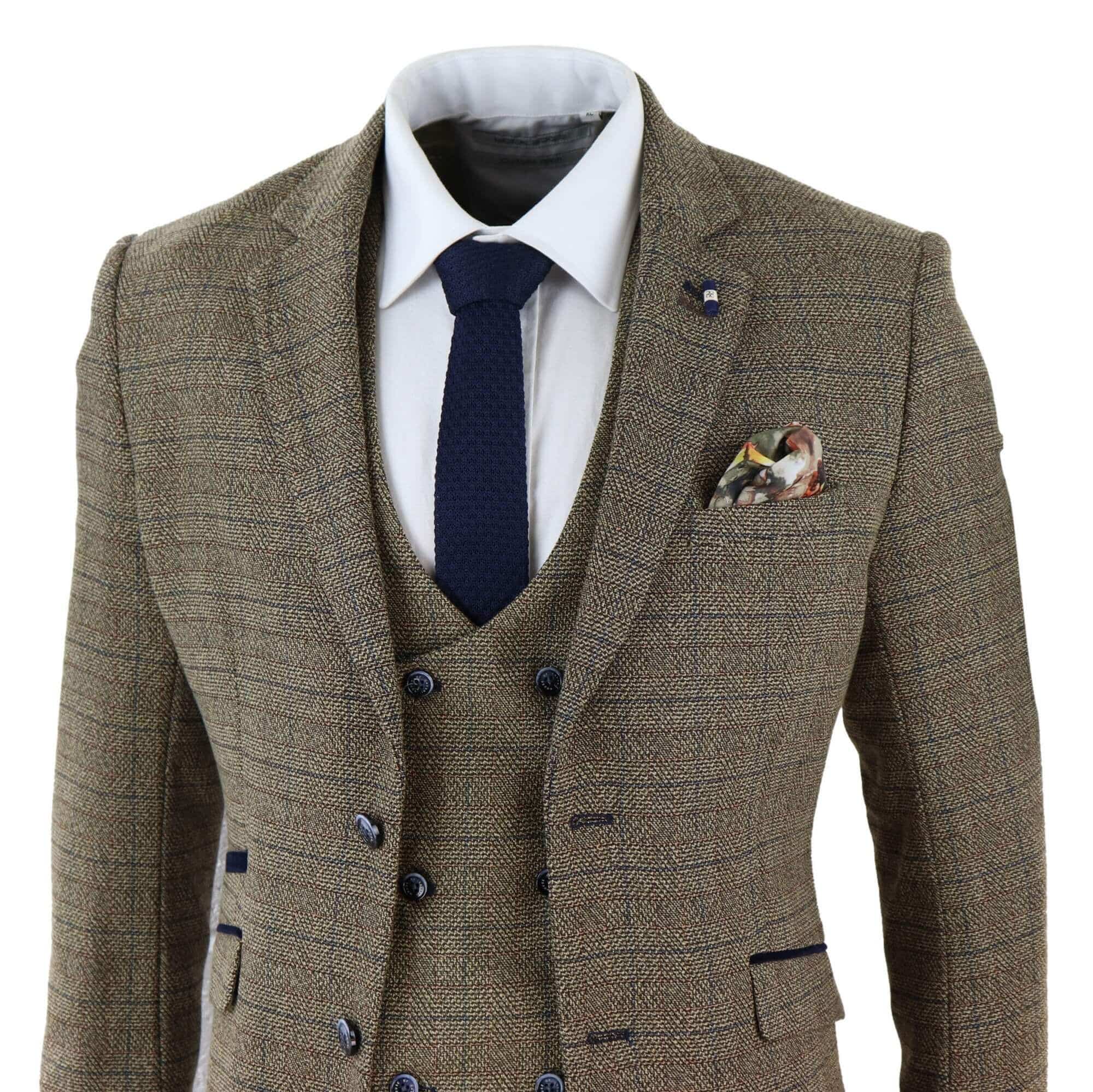 Cavani Ascari - Terno Masculino de 3 Peças em Tweed Marrom Carvalho com Estampa Xadrez