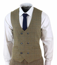 Cavani Ascari - Terno Masculino de 3 Peças em Tweed Marrom Carvalho com Estampa Xadrez