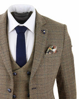Cavani Ascari - Terno Masculino de 3 Peças em Tweed Marrom Carvalho com Estampa Xadrez