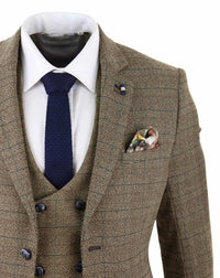 Cavani Ascari - Terno Masculino de 3 Peças em Tweed Marrom Carvalho com Estampa Xadrez