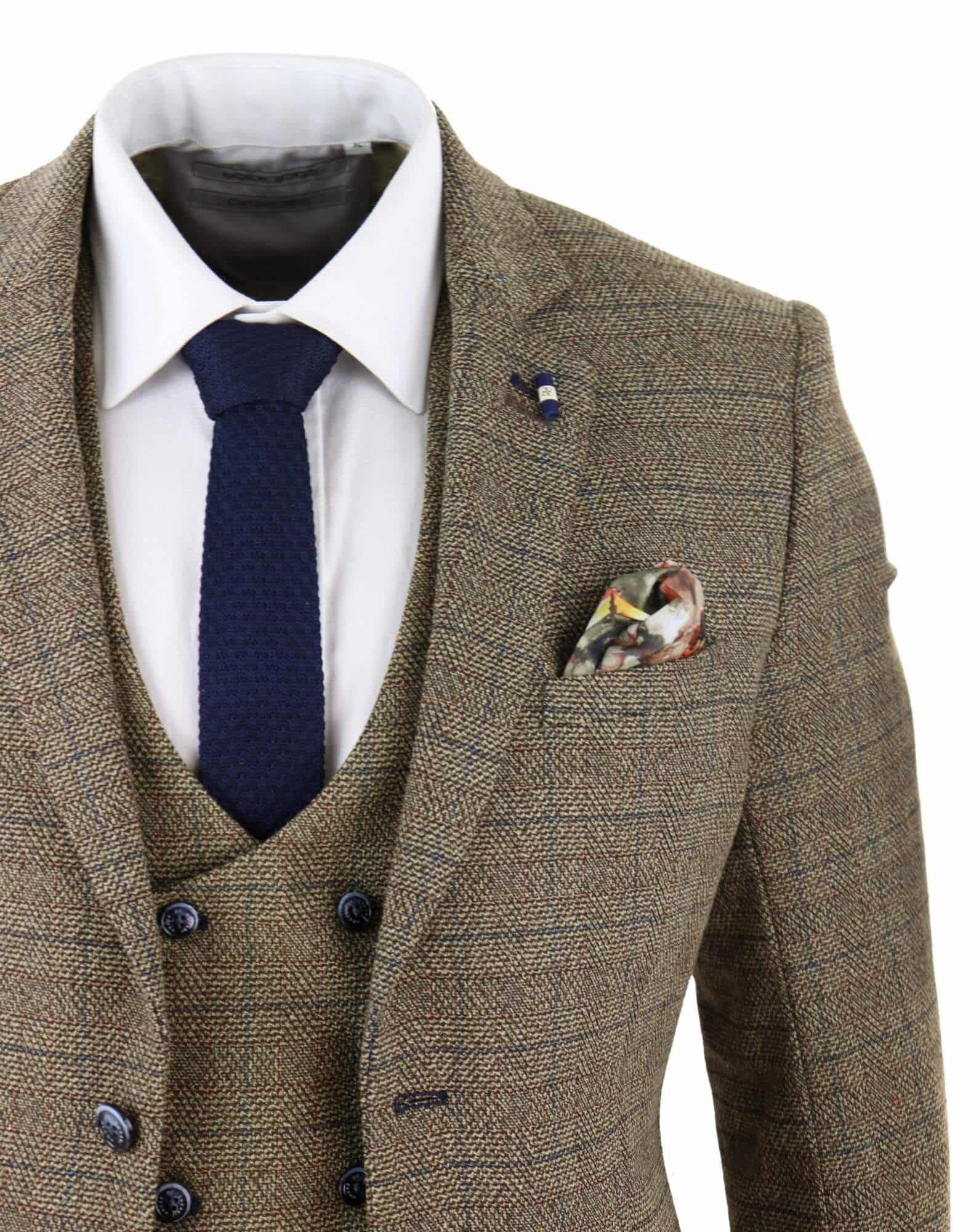 Cavani Ascari - Terno Masculino de 3 Peças em Tweed Marrom Carvalho com Estampa Xadrez
