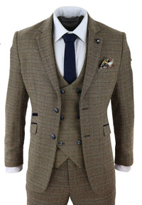 Cavani Ascari - Terno Masculino de 3 Peças em Tweed Marrom Carvalho com Estampa Xadrez