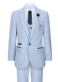 Terno xadrez de tweed azul claro para meninos, 3 peças, corte sob medida, estilo Peaky Blinders clássico.