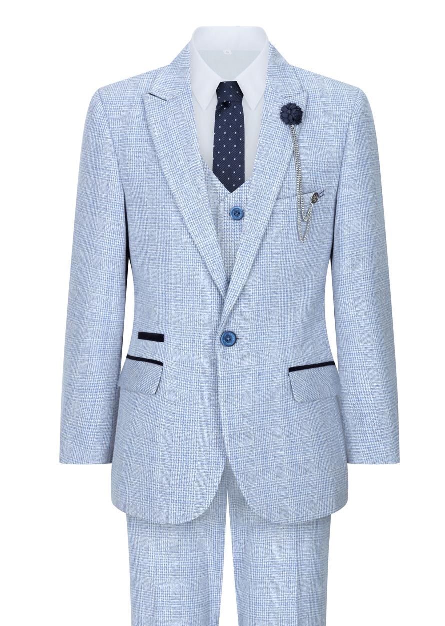 Terno xadrez de tweed azul claro para meninos, 3 peças, corte sob medida, estilo Peaky Blinders clássico.