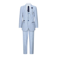 Terno xadrez de tweed azul claro para meninos, 3 peças, corte sob medida, estilo Peaky Blinders clássico.