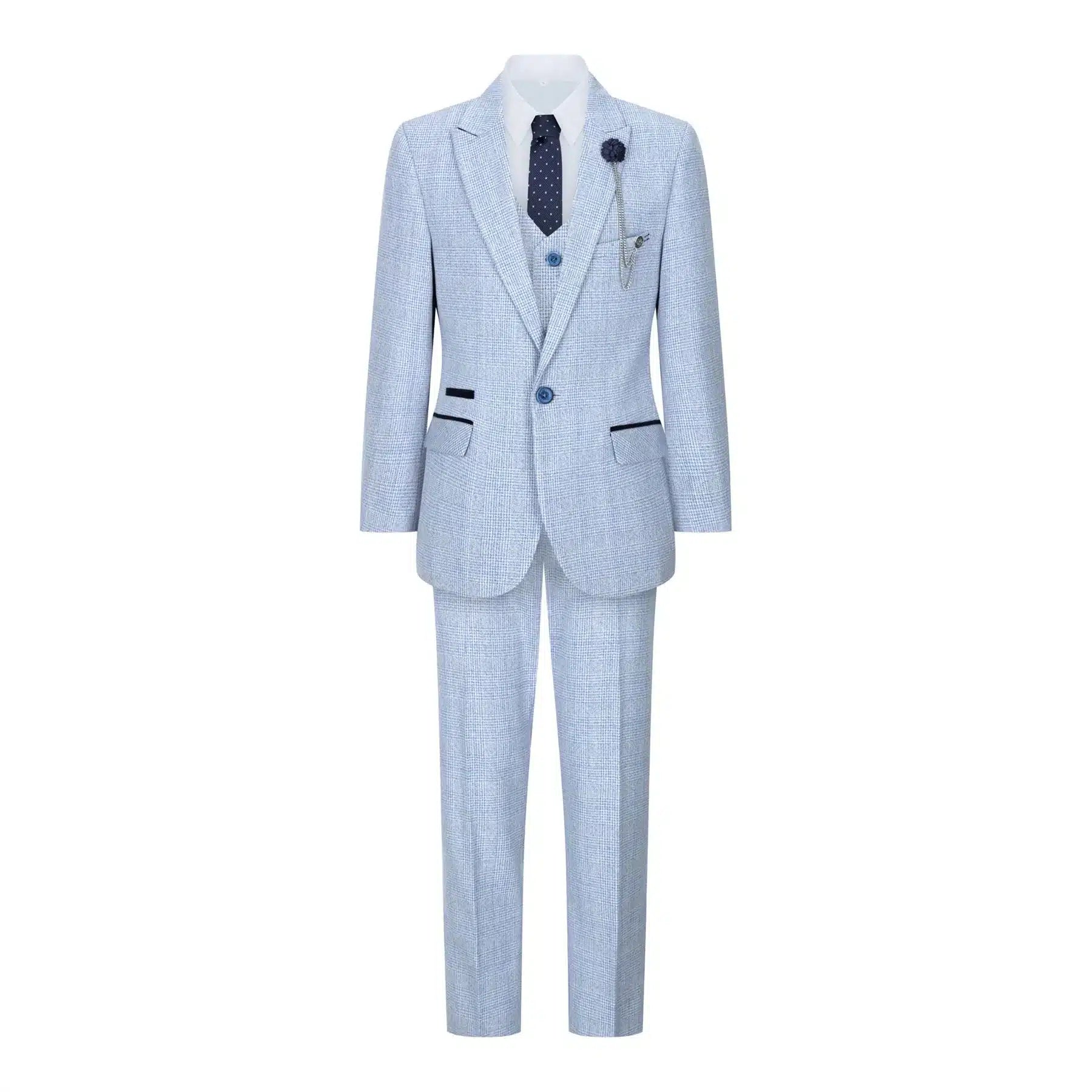Terno xadrez de tweed azul claro para meninos, 3 peças, corte sob medida, estilo Peaky Blinders clássico.