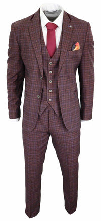 Cavani Carly - Terno masculino de 3 peças em tweed xadrez bordô