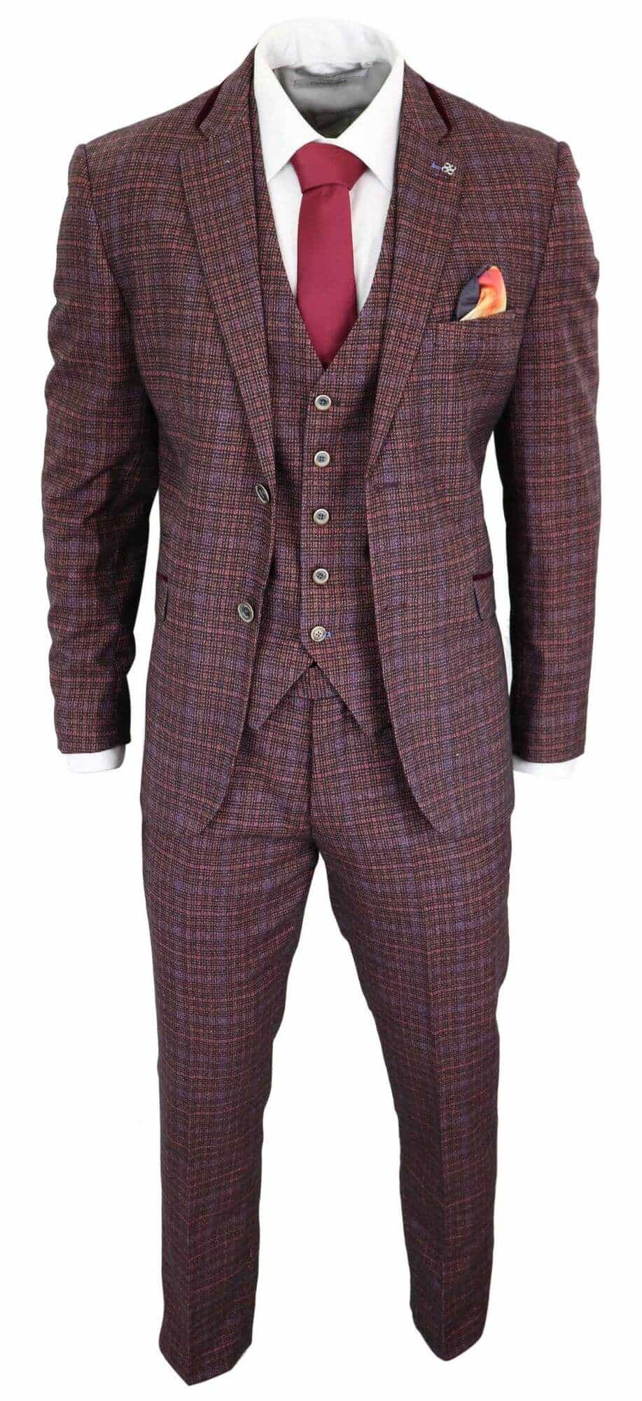 Cavani Carly - Terno masculino de 3 peças em tweed xadrez bordô