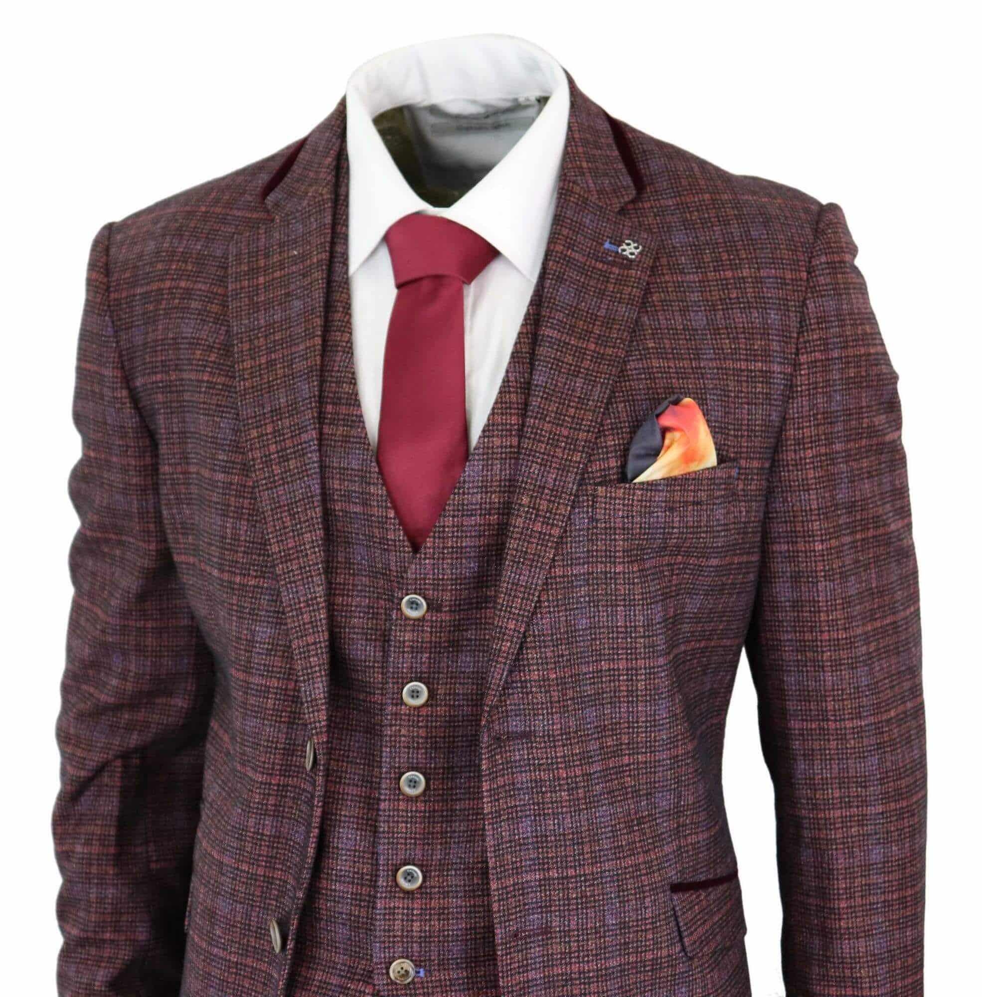 Cavani Carly - Terno masculino de 3 peças em tweed xadrez bordô