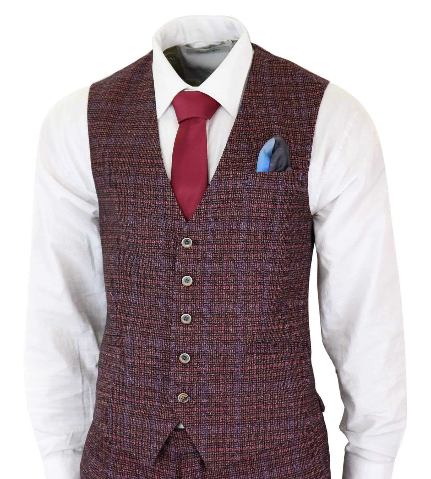 Cavani Carly - Terno masculino de 3 peças em tweed xadrez bordô