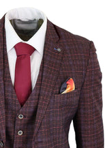 Cavani Carly - Terno masculino de 3 peças em tweed xadrez bordô