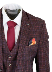 Cavani Carly - Terno masculino de 3 peças em tweed xadrez bordô