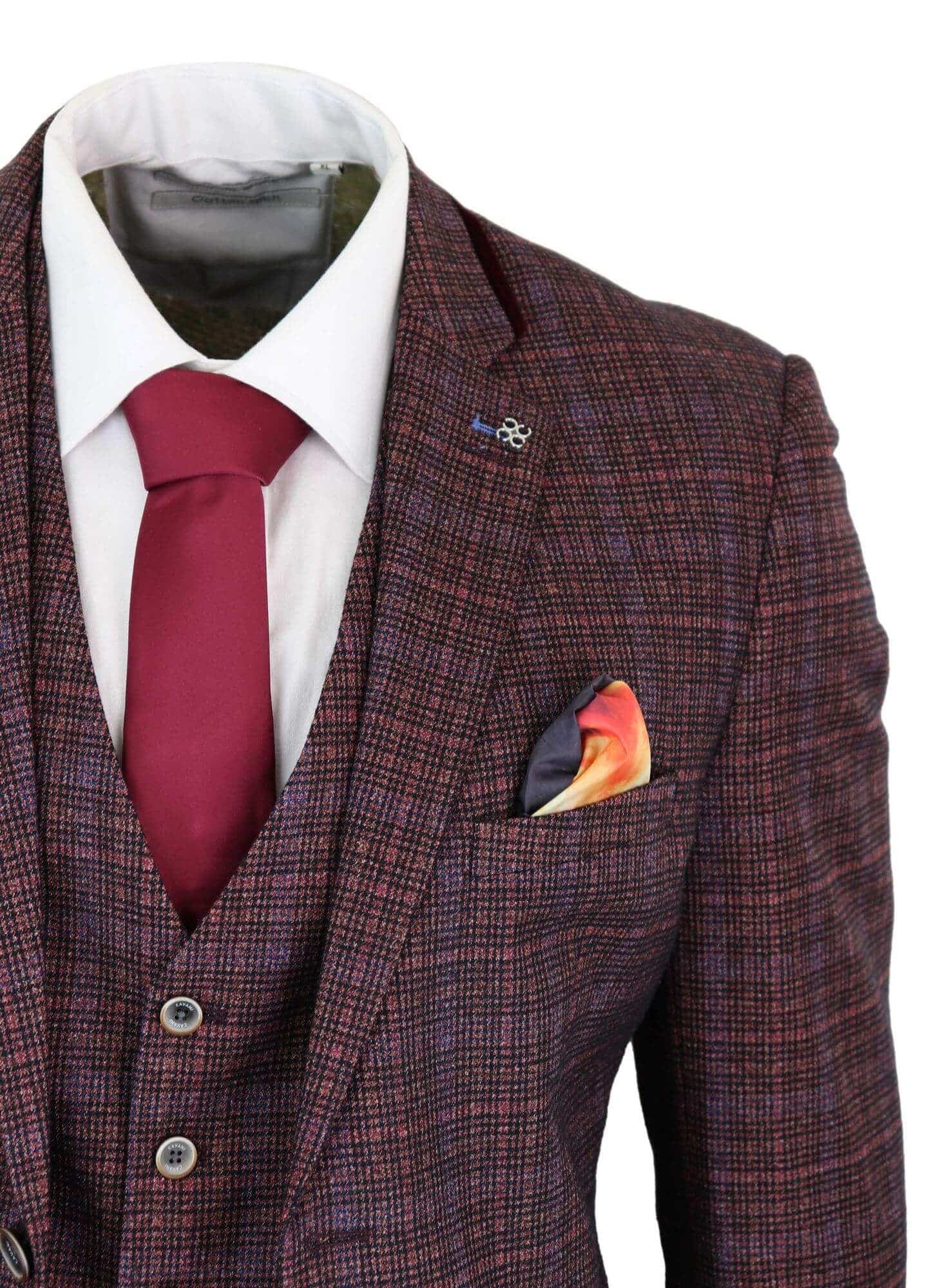 Cavani Carly - Terno masculino de 3 peças em tweed xadrez bordô