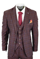 Cavani Carly - Terno masculino de 3 peças em tweed xadrez bordô