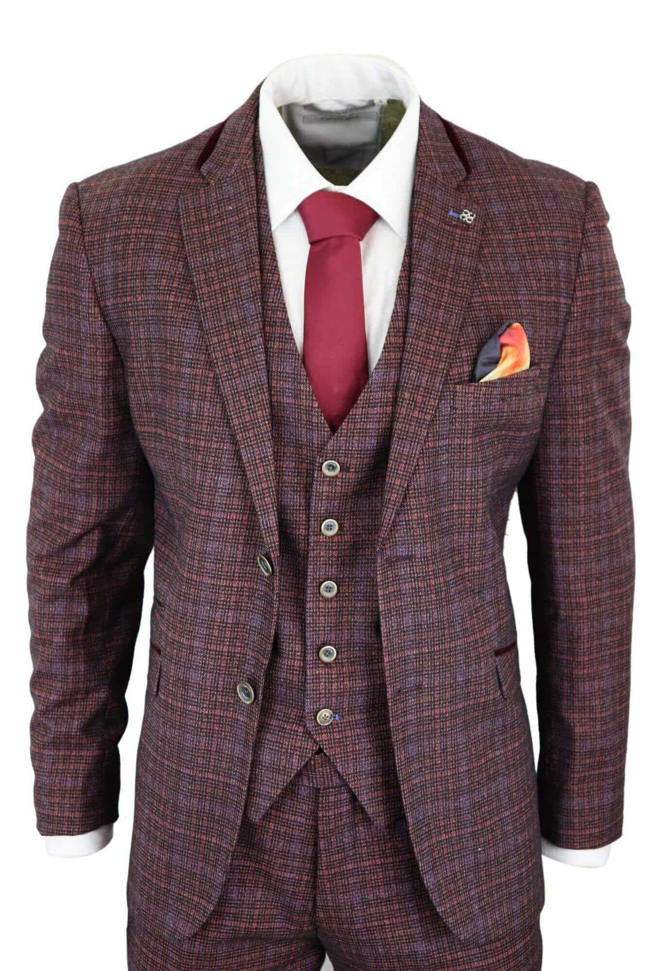 Cavani Carly - Terno masculino de 3 peças em tweed xadrez bordô