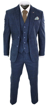 Cavani Carnegi - Terno masculino de 3 peças em tweed azul marinho xadrez estilo vintage dos anos 1920