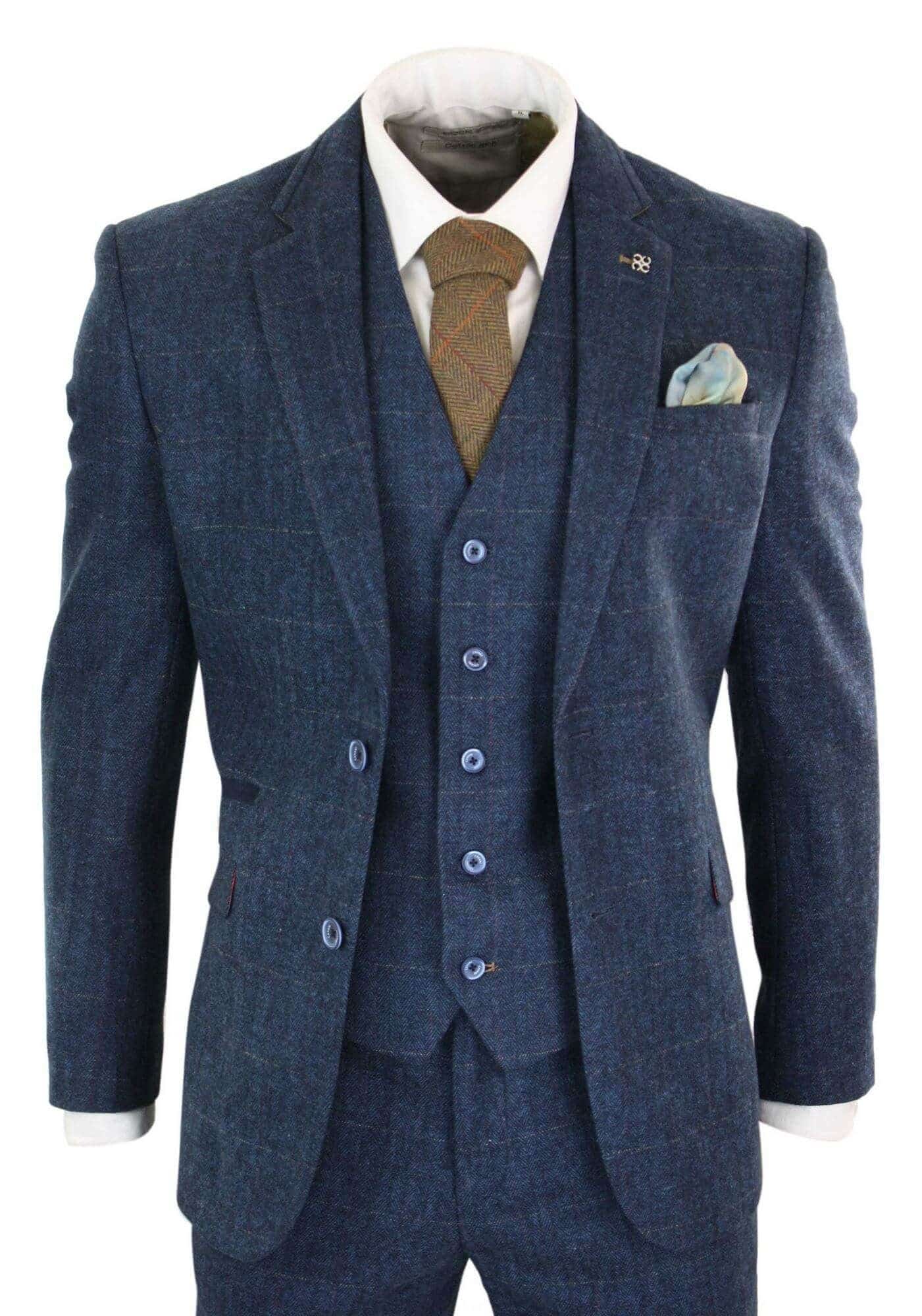 Cavani Carnegi - Terno masculino de 3 peças em tweed azul marinho xadrez estilo vintage dos anos 1920