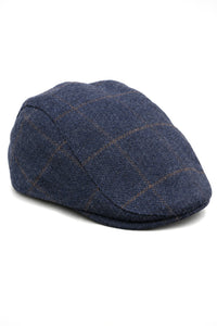 Boné Cavani Kempson Flat - Chapéu Vintage Masculino em Lã Tweed Xadrez - Verde Oliva/Azul Marinho