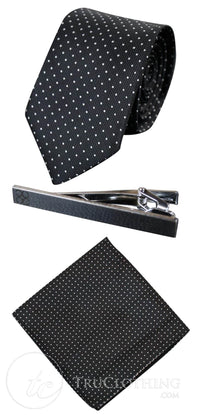 Gravata Cavani de Cetim - Conjunto Masculino de Gravata, Lenço e Prendedor de Gravata em Cetim de Seda com Estampa de Bolinhas para Casamento, Formatura e Escritório