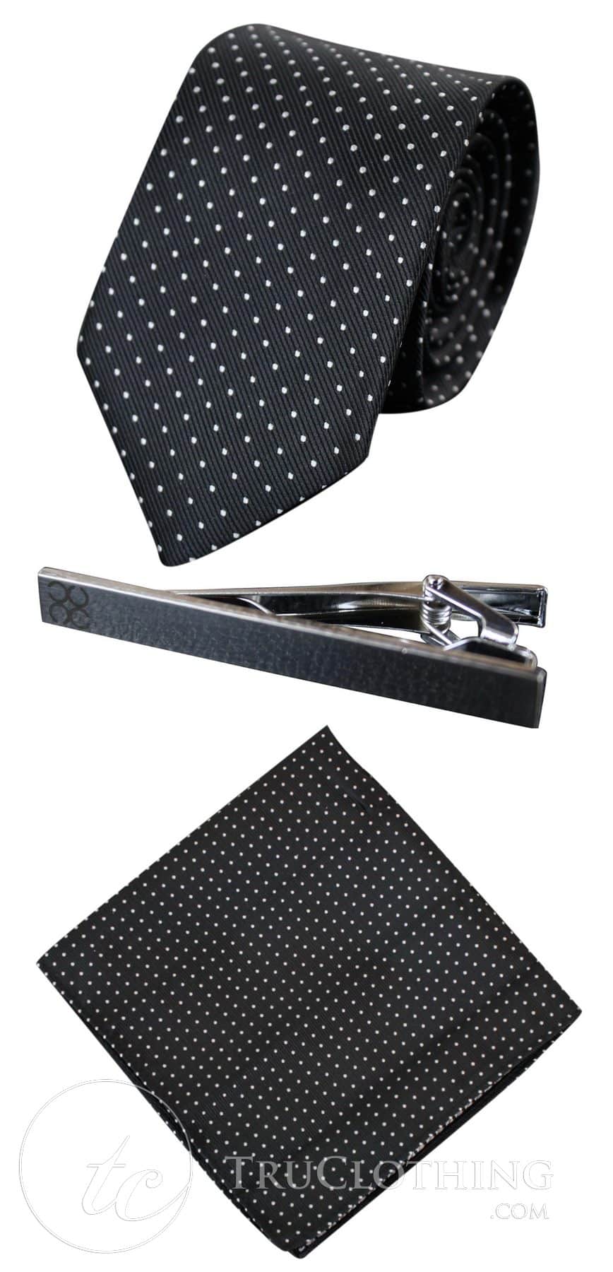 Gravata Cavani de Cetim - Conjunto Masculino de Gravata, Lenço e Prendedor de Gravata em Cetim de Seda com Estampa de Bolinhas para Casamento, Formatura e Escritório