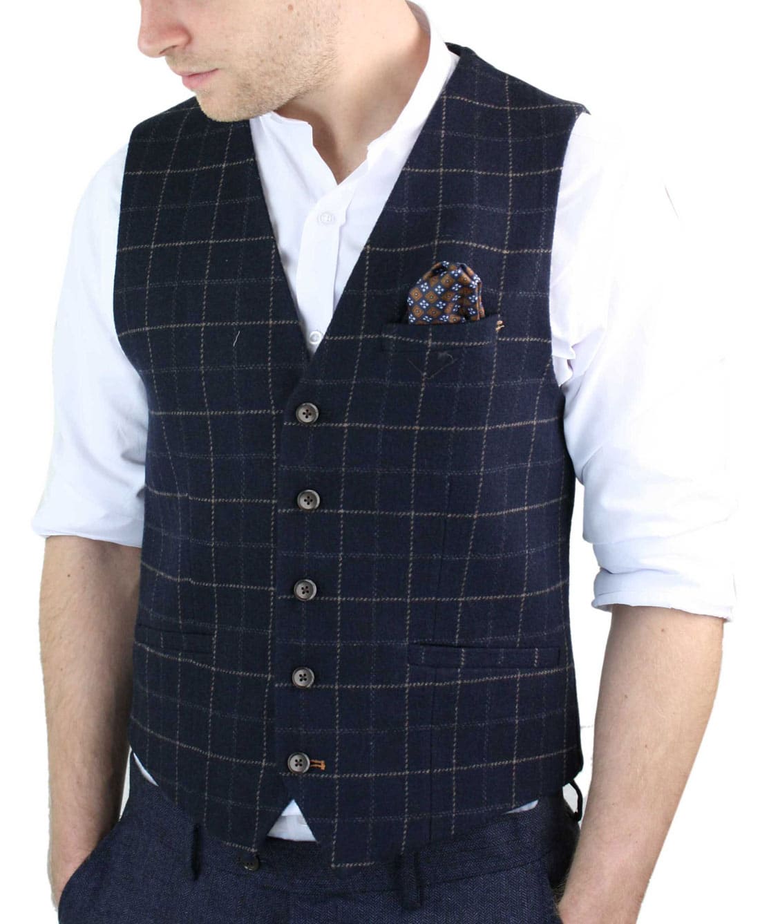 Colete masculino Cavani Shelby em tweed xadrez azul-marinho