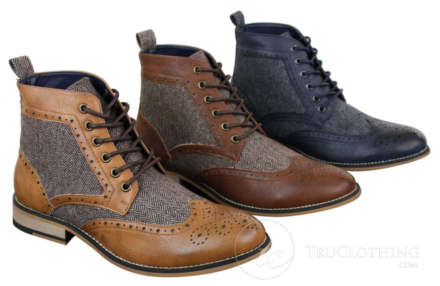 Cavani Sherlock - Botas de cano curto masculinas em couro e tweed com padrão espinha de peixe