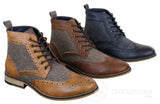 Cavani Sherlock - Botas de cano curto masculinas em couro e tweed com padrão espinha de peixe