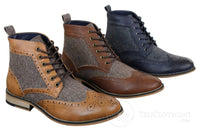 Cavani Sherlock - Botas de cano curto masculinas em couro e tweed com padrão espinha de peixe