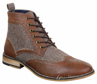 Cavani Sherlock - Botas de cano curto masculinas em couro e tweed com padrão espinha de peixe