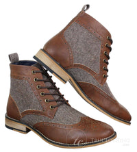 Cavani Sherlock - Botas de cano curto masculinas em couro e tweed com padrão espinha de peixe