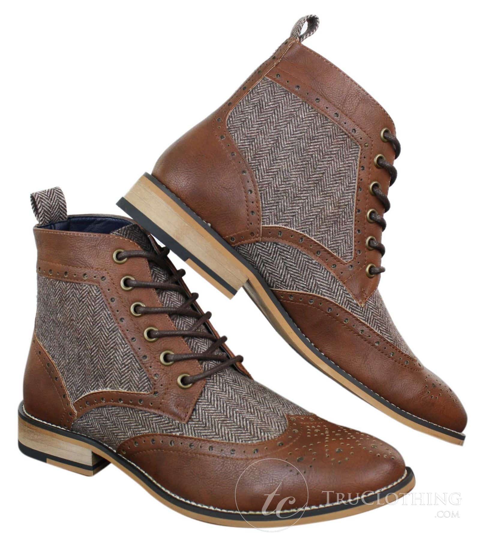 Cavani Sherlock - Botas de cano curto masculinas em couro e tweed com padrão espinha de peixe
