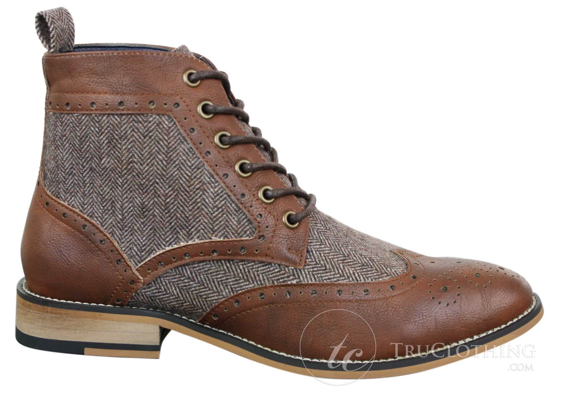 Cavani Sherlock - Botas de cano curto masculinas em couro e tweed com padrão espinha de peixe