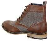 Cavani Sherlock - Botas de cano curto masculinas em couro e tweed com padrão espinha de peixe