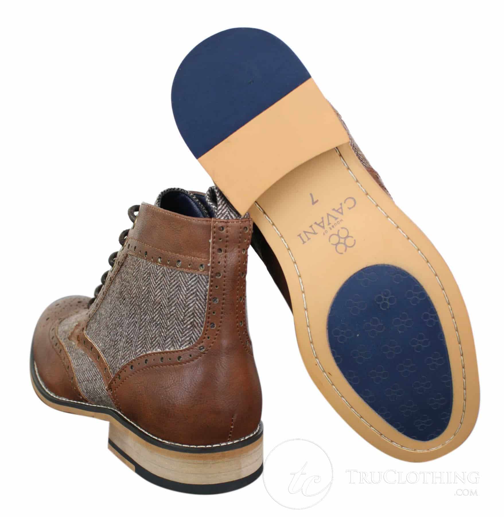 Cavani Sherlock - Botas de cano curto masculinas em couro e tweed com padrão espinha de peixe