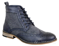 Cavani Sherlock - Botas de cano curto masculinas em couro e tweed com padrão espinha de peixe