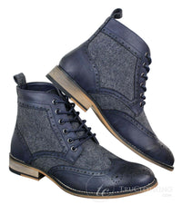 Cavani Sherlock - Botas de cano curto masculinas em couro e tweed com padrão espinha de peixe