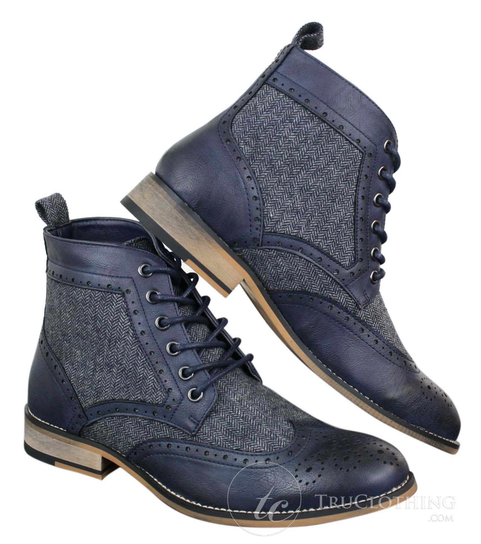 Cavani Sherlock - Botas de cano curto masculinas em couro e tweed com padrão espinha de peixe