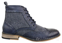 Cavani Sherlock - Botas de cano curto masculinas em couro e tweed com padrão espinha de peixe