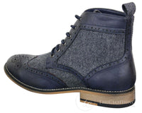 Cavani Sherlock - Botas de cano curto masculinas em couro e tweed com padrão espinha de peixe